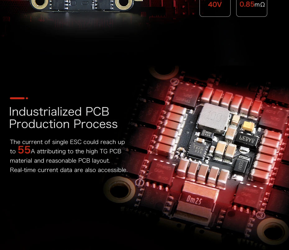 T-MOTOR F55A PRO II 4IN1 32bits ESC, current of single ESC could reach up to 55A attributing to the high TG