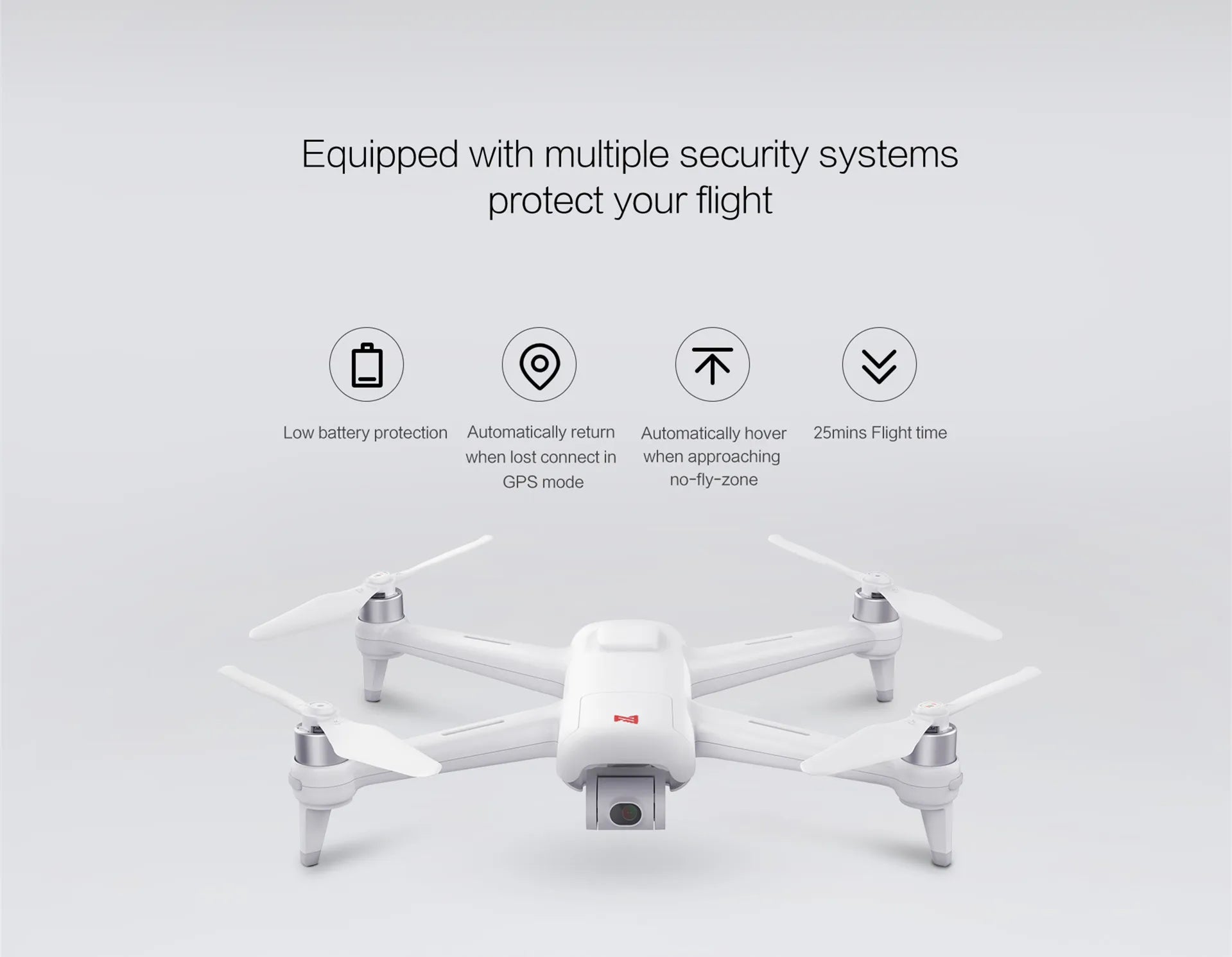 Xiaomi FIMI A3 Drone, Enhanced security systems protect your flight Low battery protection Automatically return Automatically hover 25mins