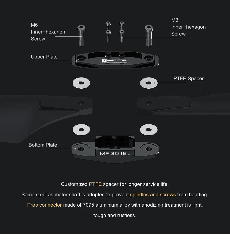 T-MOTOR MF3016 Polymer Folding propeller, PTFE spacer is made of 7075 aluminium alloy with anodizing treatment