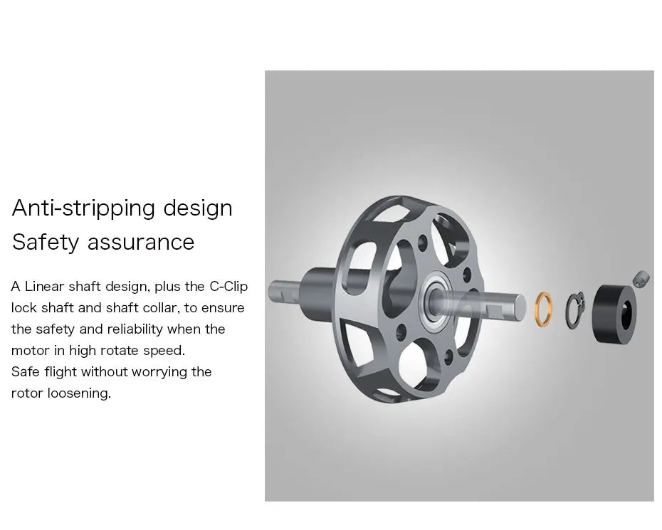 T-MOTOR, anti-stripping design Safety assurance A Linear shaft design, plus the C-C