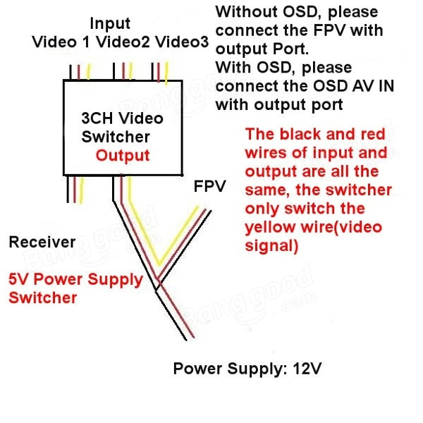 FPV 3way Video Switch, without OSD, please connect the FPV with Video 1 Video2 Video3 output port