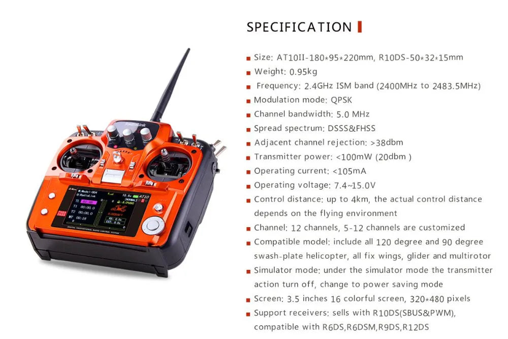 RadioLink AT10 II, SPECIFICATIONS Size: ATIOII-180*95*220