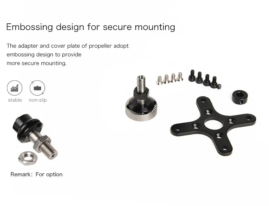 T-MOTOR, propeller adapter and cover plate adopt embossing design for secure mounting .