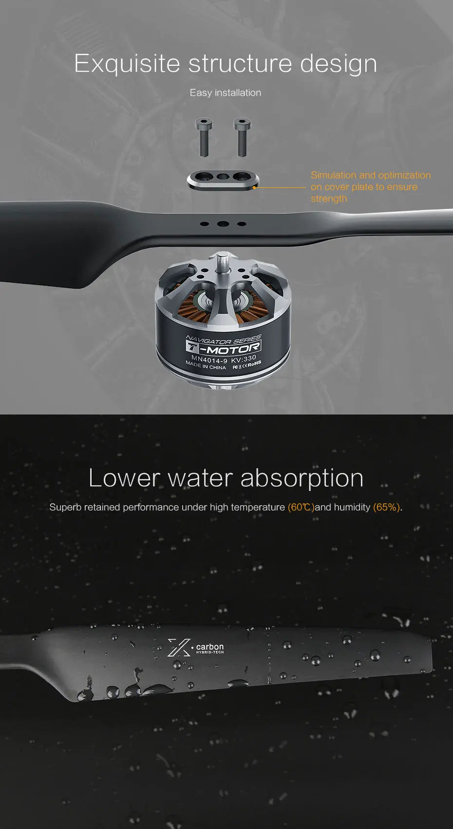 T-motor MS1704 17 inch Prop, MOTOR MN4014-9 CHINA Lower water absorption Superb retained performance