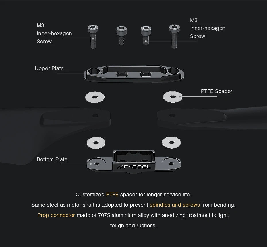 T-motor MF1806 Polymer Folding propeller, 7075 aluminium alloy with anodizing treatment is light, tough and rustless