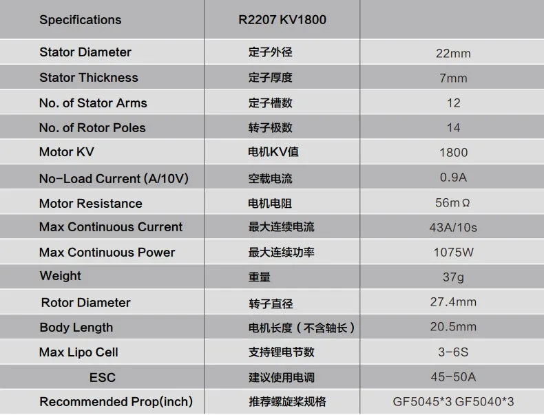 Sunnysky R2207 2207 Brushless Motor, Specifications R2207 KV18O0 Stator Diameter 27V6Z 22