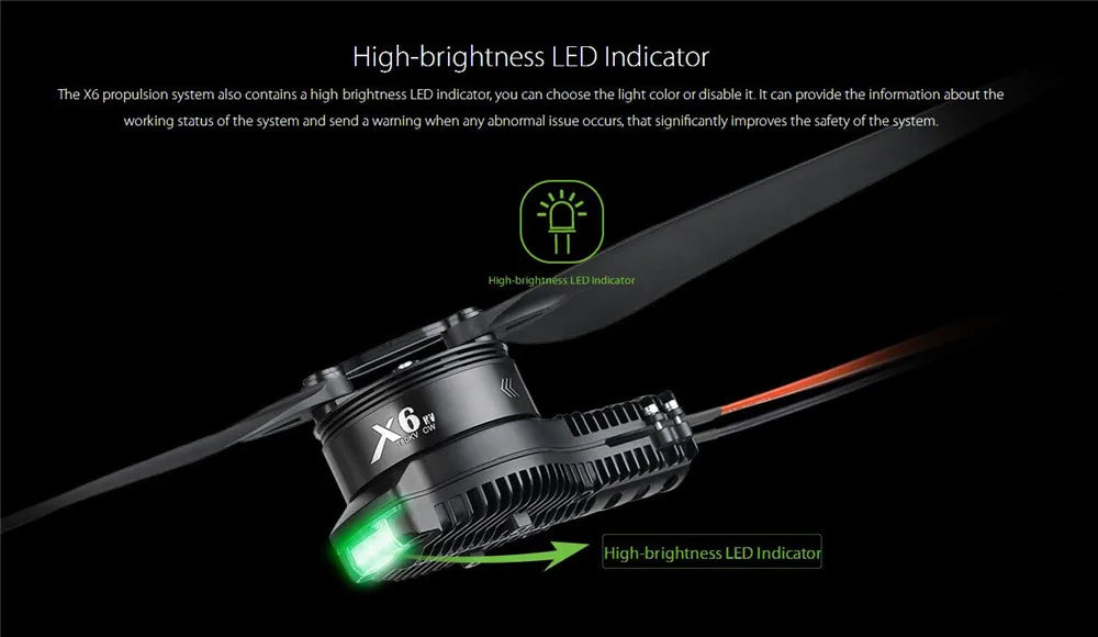 Hobbywing X6 Power System, LED indicator displays power system status and alerts with customizable light color.