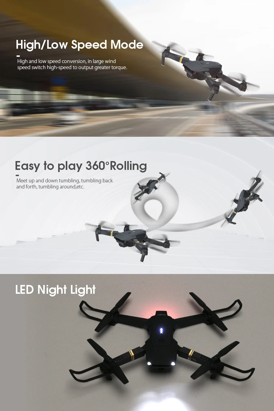 Eachine E58 Drone - Wide Angle HD 1080P/720P/480P Camera WIFI FPV Hight Hold Mode Foldable Arm RC Quadcopter Drone X Pro RTF Dron 28 Eachine E58 Drone, high/low speed mode high and low speed conversion; in large wind