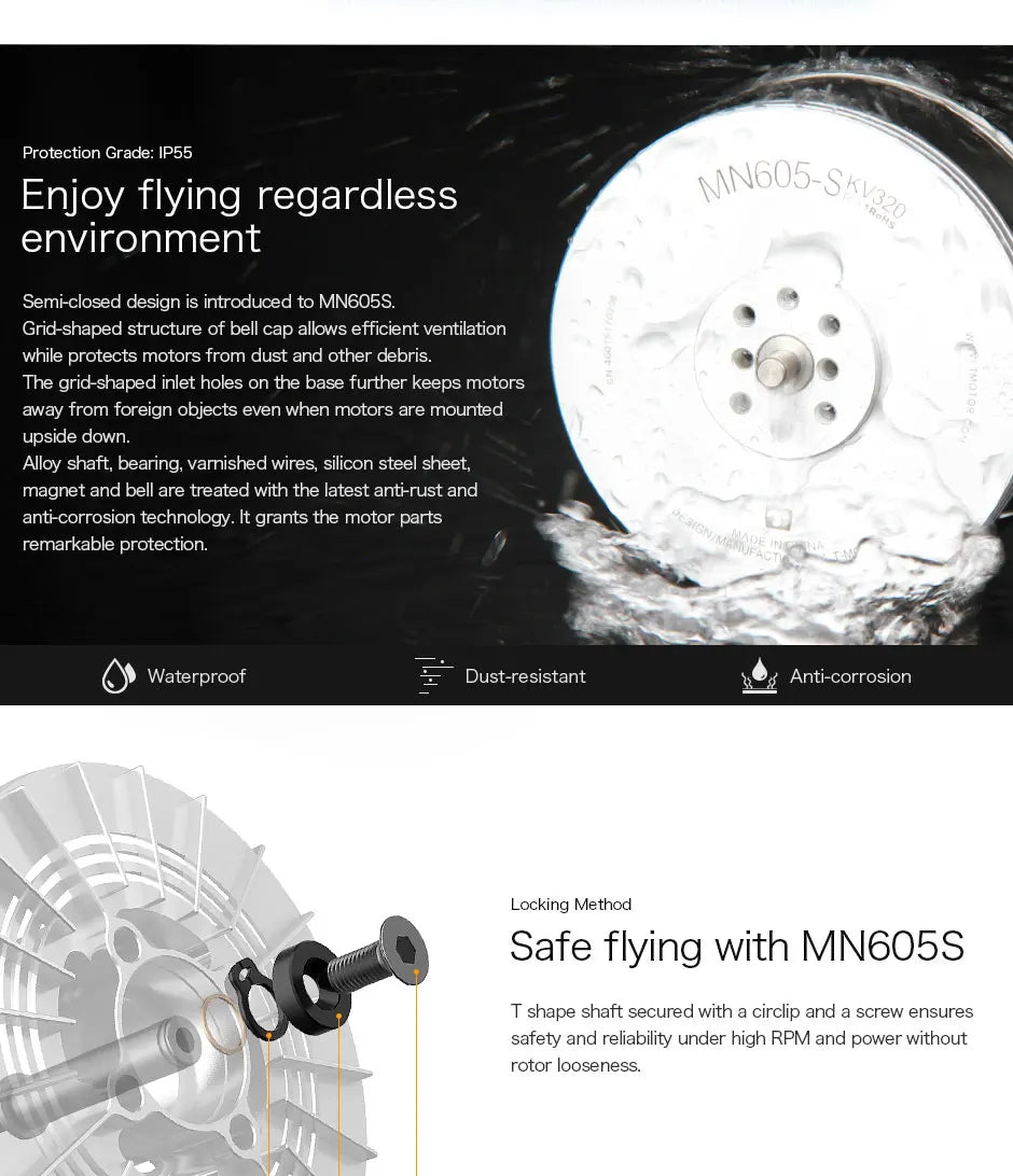 2Pcs/Set T-motor MN605-S KV170 KV320 8.1KG+ Thrust Waterproof Electrical Brushless Motor For Multirotor Racing VTOL Drone 9 2Pcs/Set T-motor, grid-shaped structure of bell cap allows efficient ventilation while protects motors from dust and other