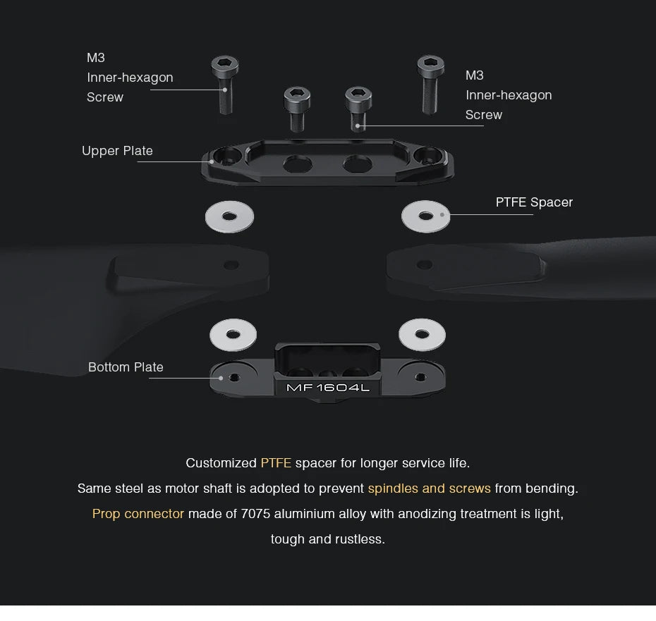 T-motor MF1604 Polymer Folding propeller, 7075 aluminium alloy with anodizing treatment is light, tough and rustless