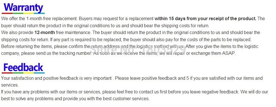 warranty We offer 1-month free replacement Buyers may request for a replacement within 15 days from