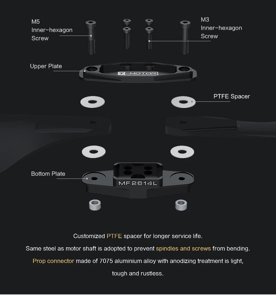 T-MOTOR MF2614 Polymer Folding propeller, PTFE spacer made of 7075 aluminium alloy with anodizing treatment is