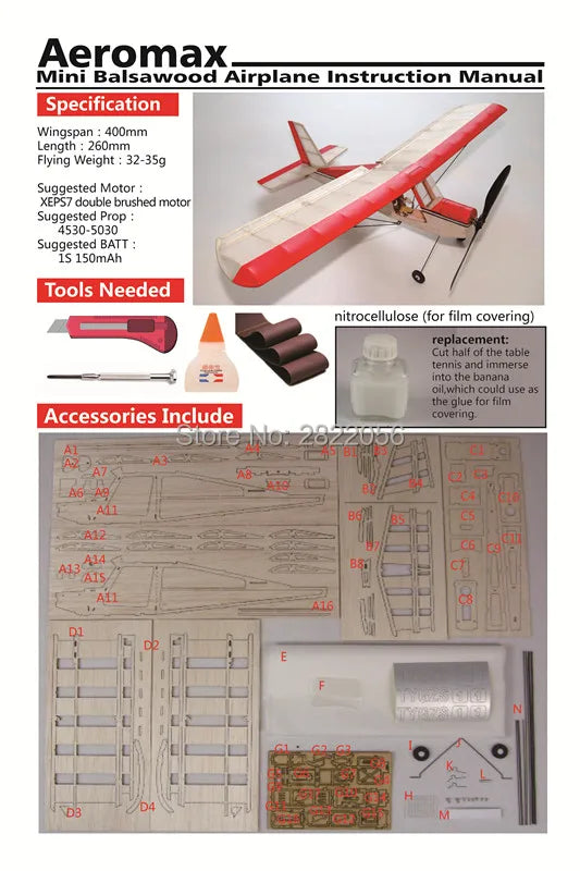 RC Plane Laser Cut Balsa Wood Airplane, Aeromax Mini Balsaweed Airplane Instruction Manual Specification Wingspan 400mm