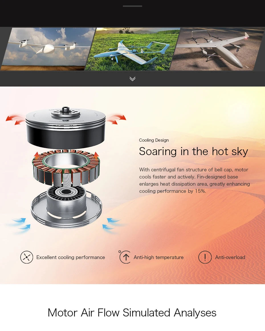 T-motor MN801S KV120 150KV Brushless Motor 12KG+Thrust For VTOL For Multi-rotor Helicopter RC Rotors Quadcopter 8 T-motor, bell cap enlarges heat dissipation area, greatly enhancing cooling performance