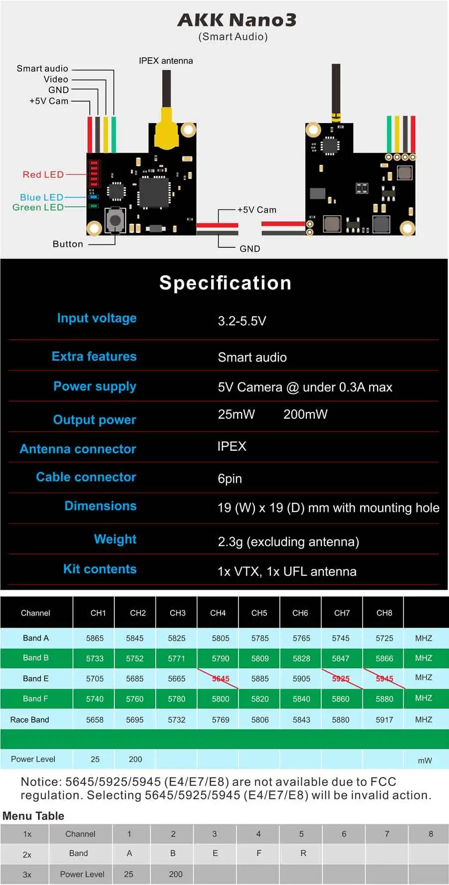 AKK NANo3/X5 VTX - 5.8GHZ 40CH 25/50/100/200mW Switchable Micro FPV Transmitter/IPEX antenna/regular cable 12 AKK NANo3/X5 VTX, AKK NANo3/X5 VT