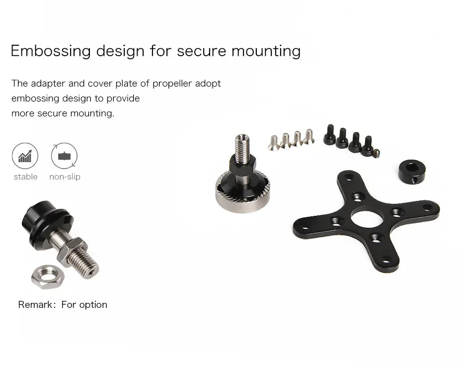 T-MOTOR, propeller adapter and cover plate adopt embossing design for secure mounting .