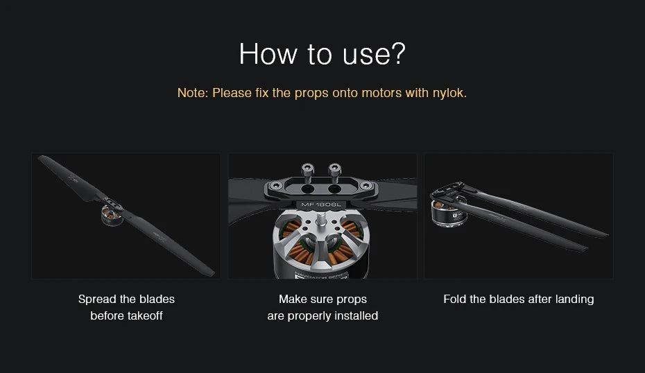 T-motor MF1806 Polymer Folding propeller, fix the props onto motors with nylok: Aldend Spread the