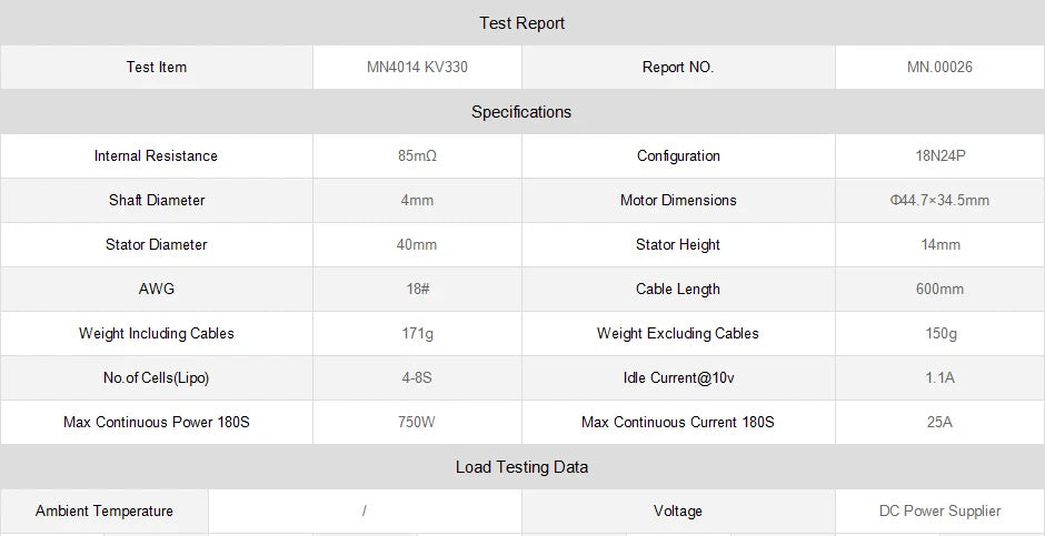 T-motor MN4014 KV330 KV400 Outrunner Brushless Motor High Performance Max Thrust 2.6KG for hexacopter/Multi-copter 15 T-motor, Test Report Test Item MN4014 KV330 Report NO. MN.000