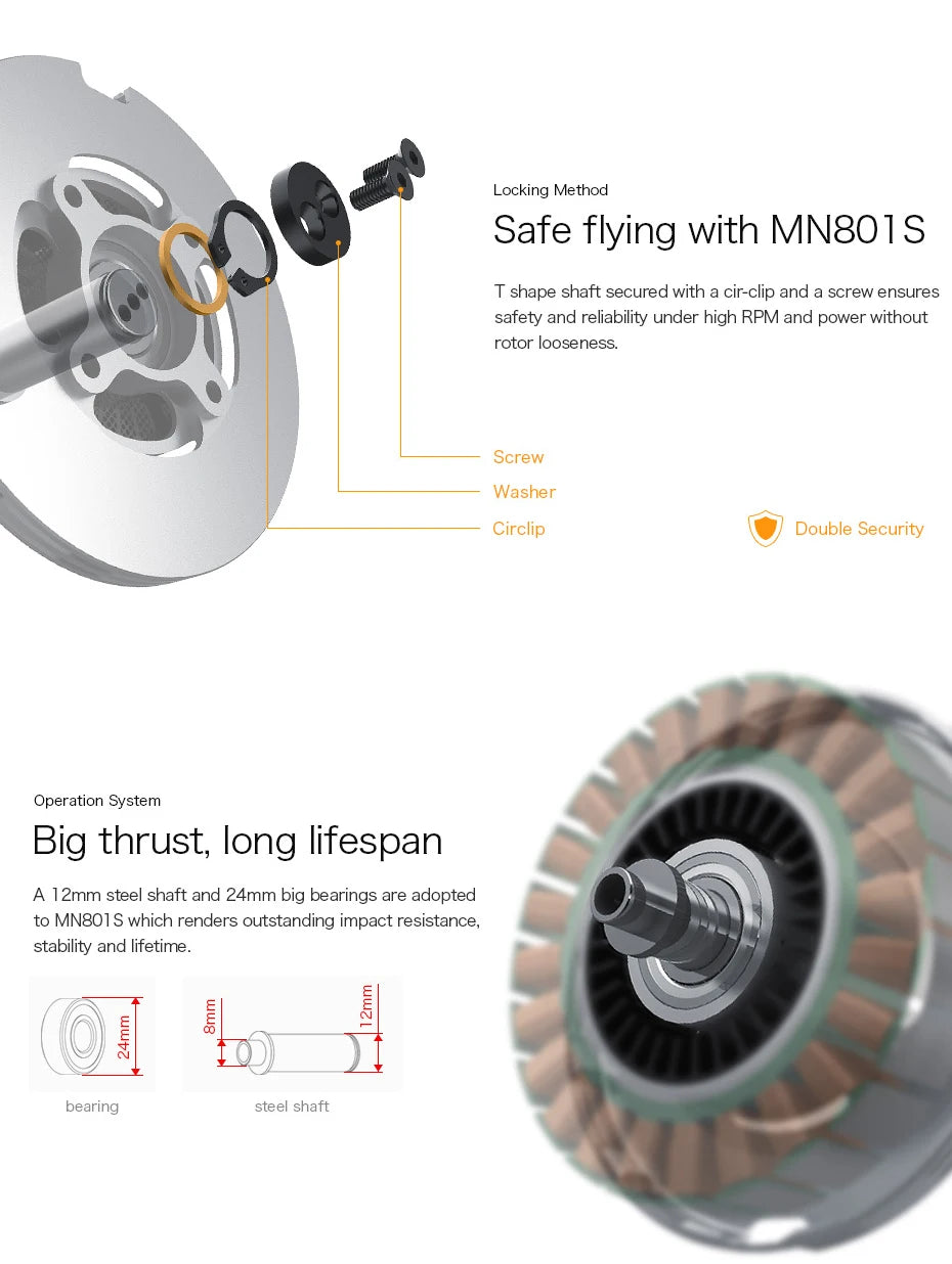 T-motor MN801S KV120 150KV Brushless Motor 12KG+Thrust For VTOL For Multi-rotor Helicopter RC Rotors Quadcopter 10 T-motor, MNBO1S T shape shaft secured with a cir-clip and a