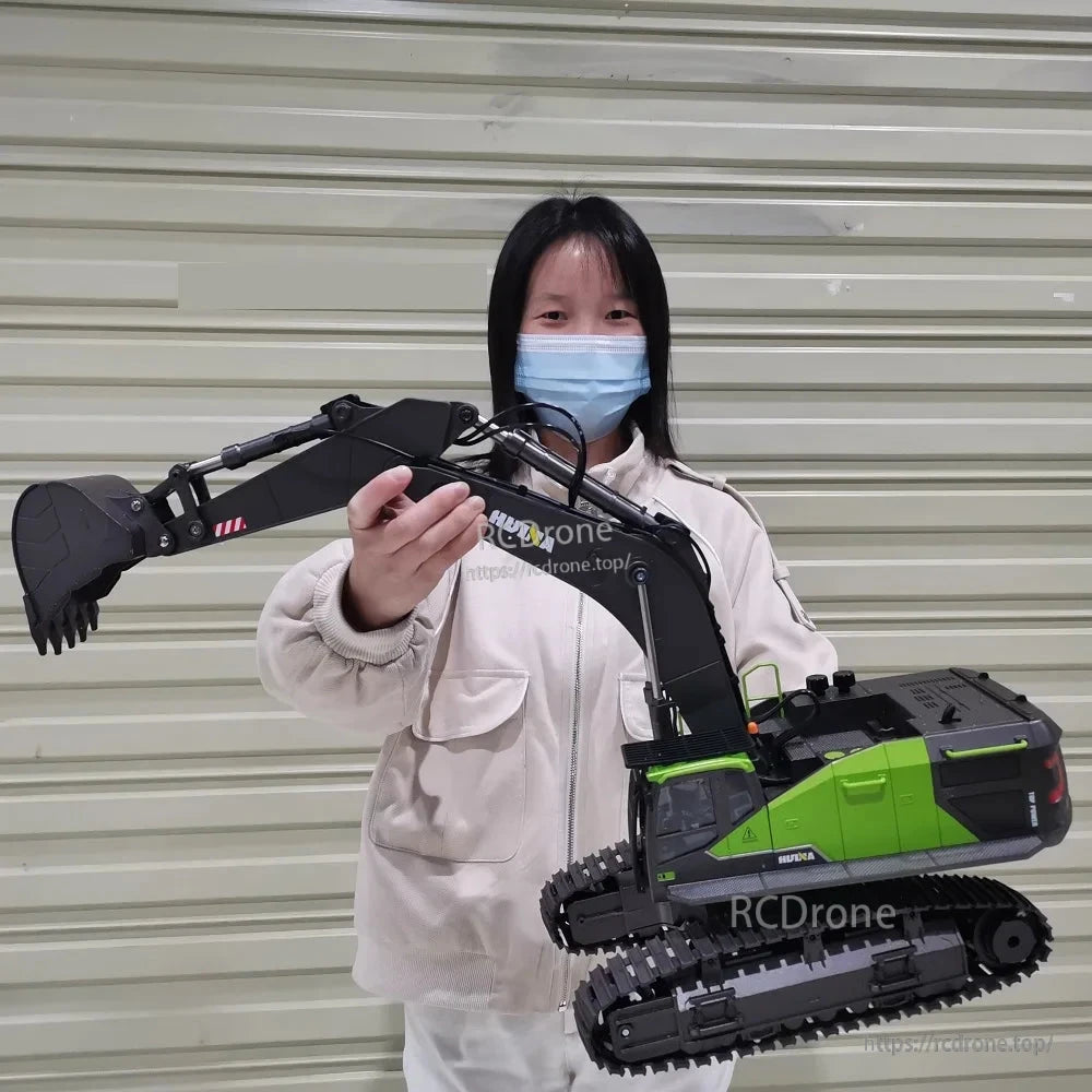 HUINA 593/582 1:14 scale RC excavator with 2.4G control, 22-channel function, alloy attachments, 7.4V 1200mAh battery, ready-to-run (RTR).