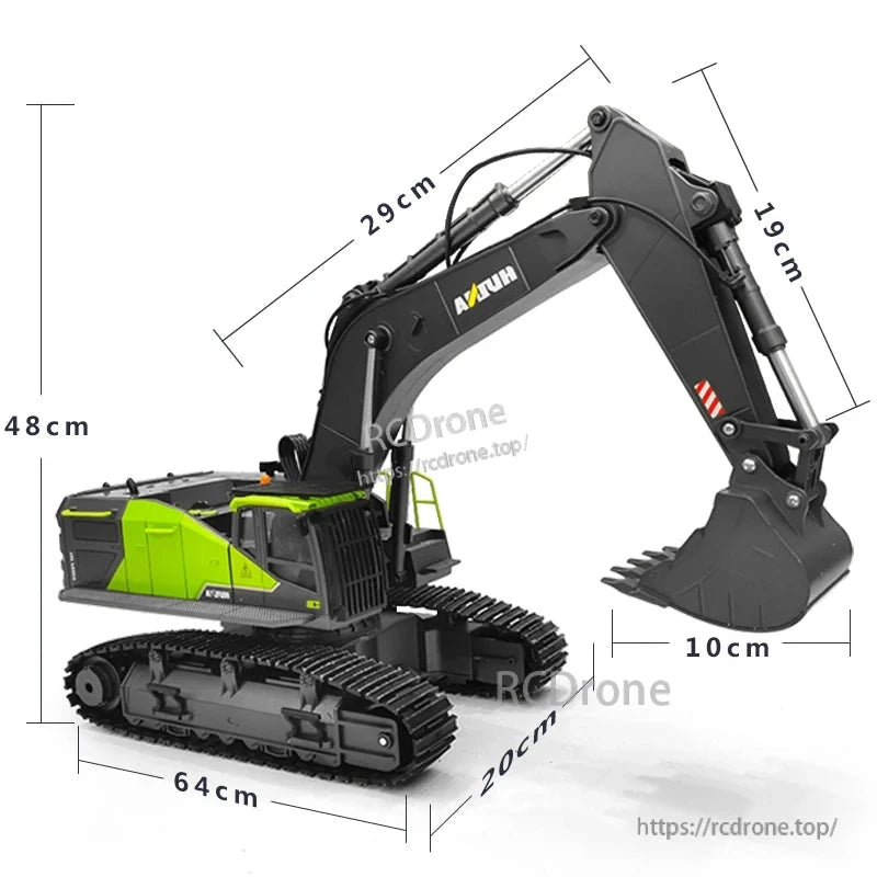 HUINA 593/582 RC excavator, 1:14 scale, 2.4G 22-channel, alloy attachments, 7.4V 1200mAh battery, ready-to-run model for realistic construction simulation and remote control play.