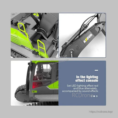 Huina 593/582 RC excavator features 2.4G remote control, alloy attachments, and 7.4V battery, perfect for realistic excavating and hauling.