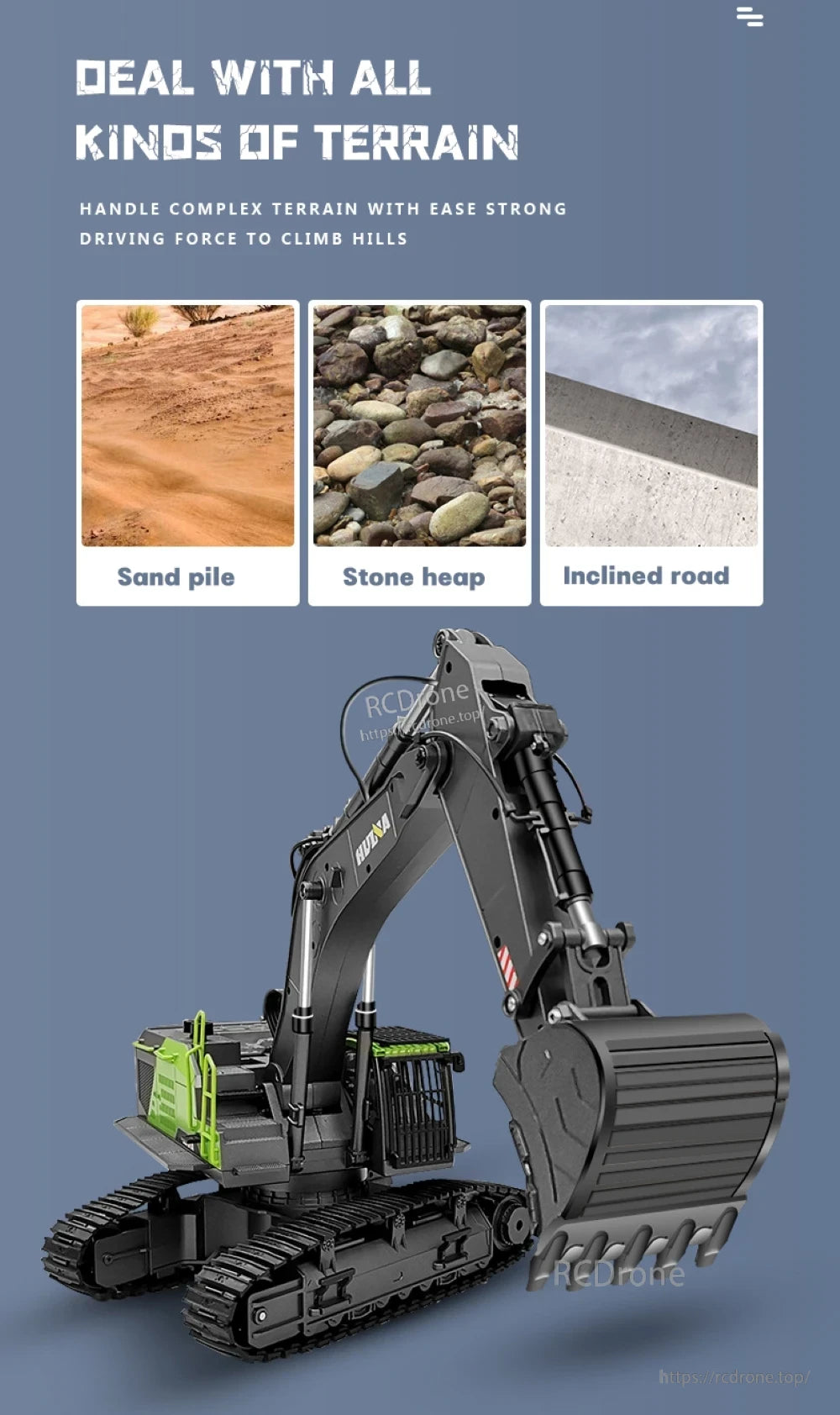 The HUINA 593 RC Excavator features strong driving power for handling sand, stones, and inclines effectively.