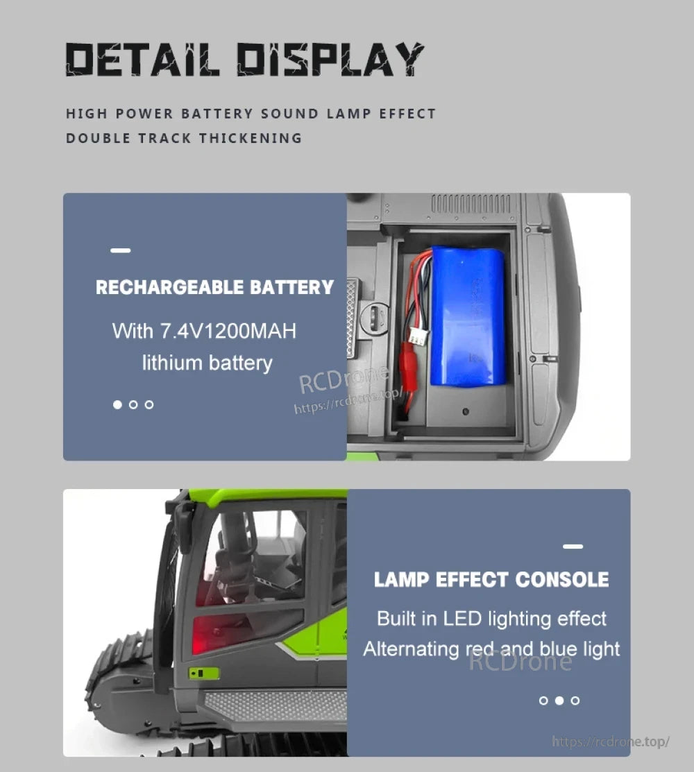 HUINA 593 RC Excavator, 7.4V 1200mAh rechargeable battery, dual-track thickening design, LED lights with red-blue alternating effect.