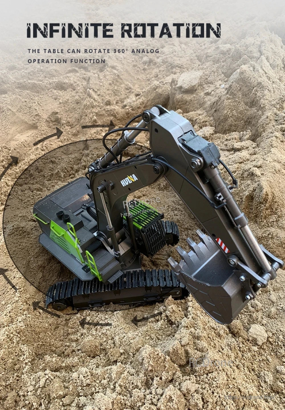 HUINA 593 RC Excavator features 360° infinite rotation, analog controls, and a realistic construction design for authentic operation.