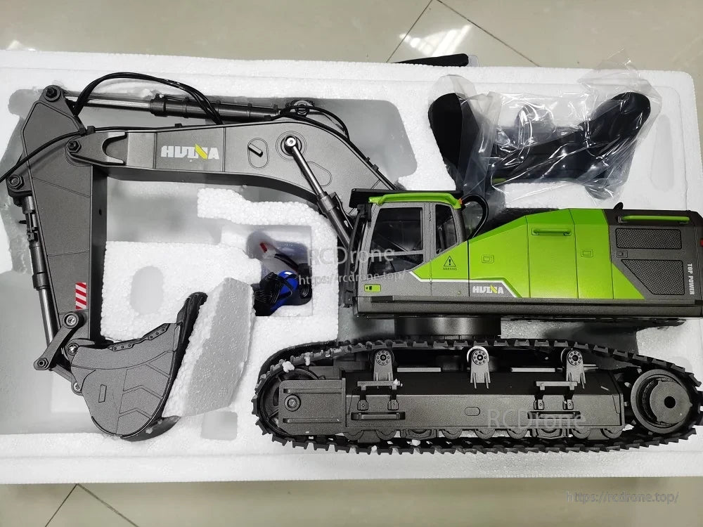 HUINA 593 RC Excavator and dump truck options, 2.4G 22-channel, alloy attachments, and rechargeable battery.
