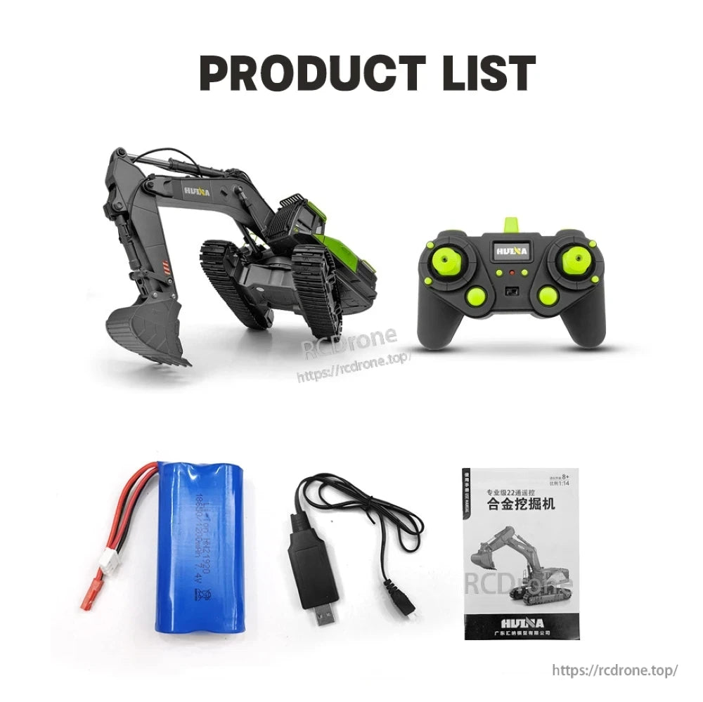 HUINA 593 RC Excavator, Strong-grip rubber tracks with double track drive for climbing sandy, stony, and inclined roads.