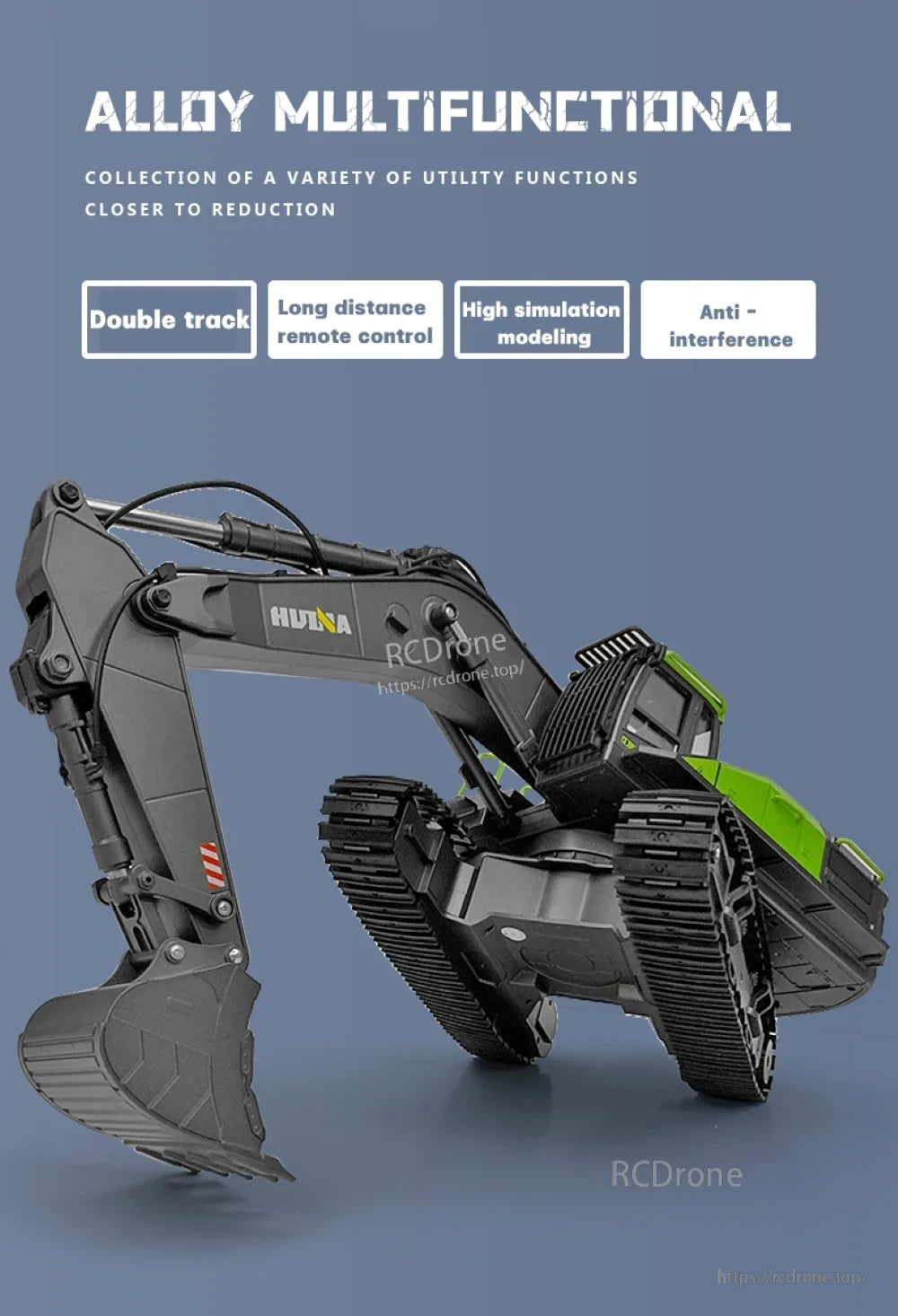 HUINA 593 RC Excavator, RC excavator featuring dual tracks, long-range control, high simulation, and anti-interference capabilities for realistic, reliable operation.