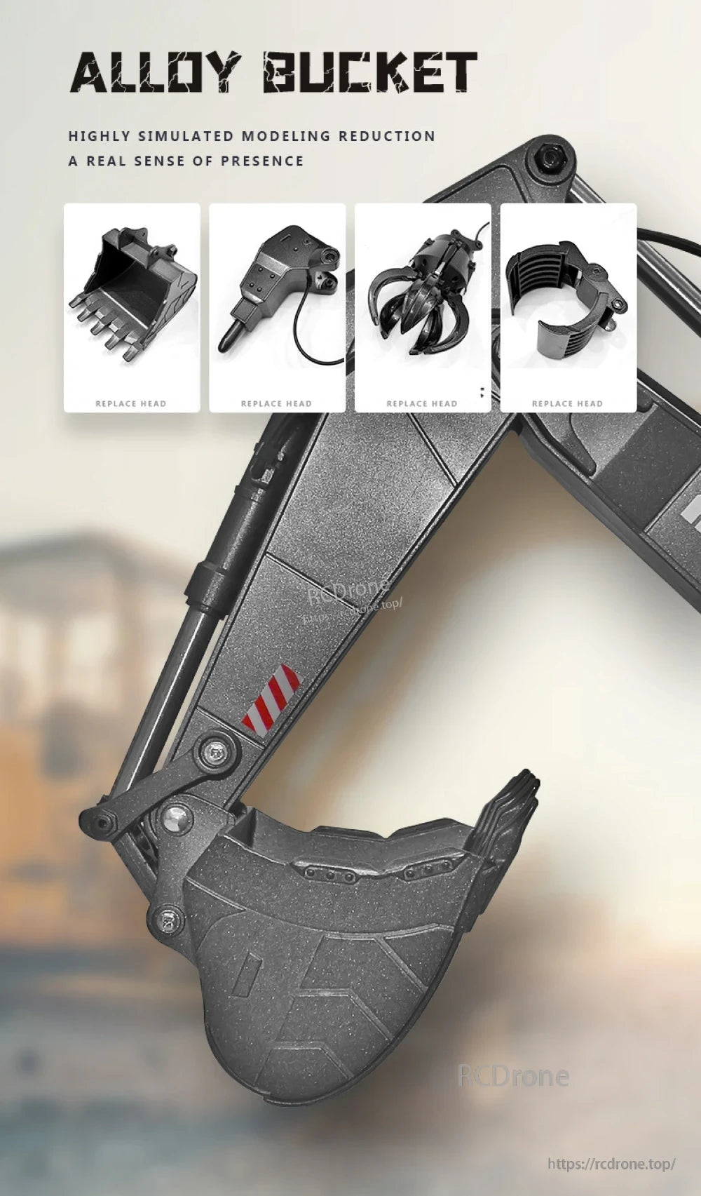 HUINA 593 RC Excavator, Alloy bucket with replaceable heads, highly simulated modeling, realistic presence.