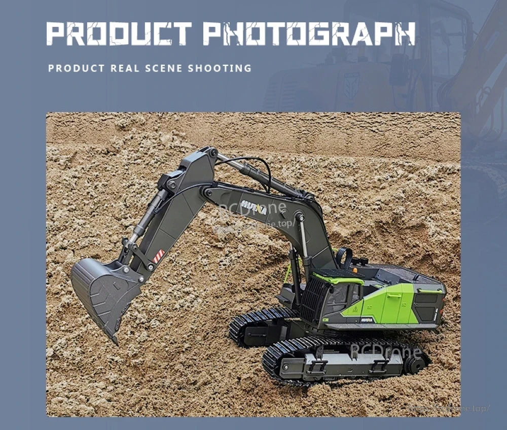 HUINA 593 RC Excavator, Built-in LED lighting effect with alternating red and blue light.