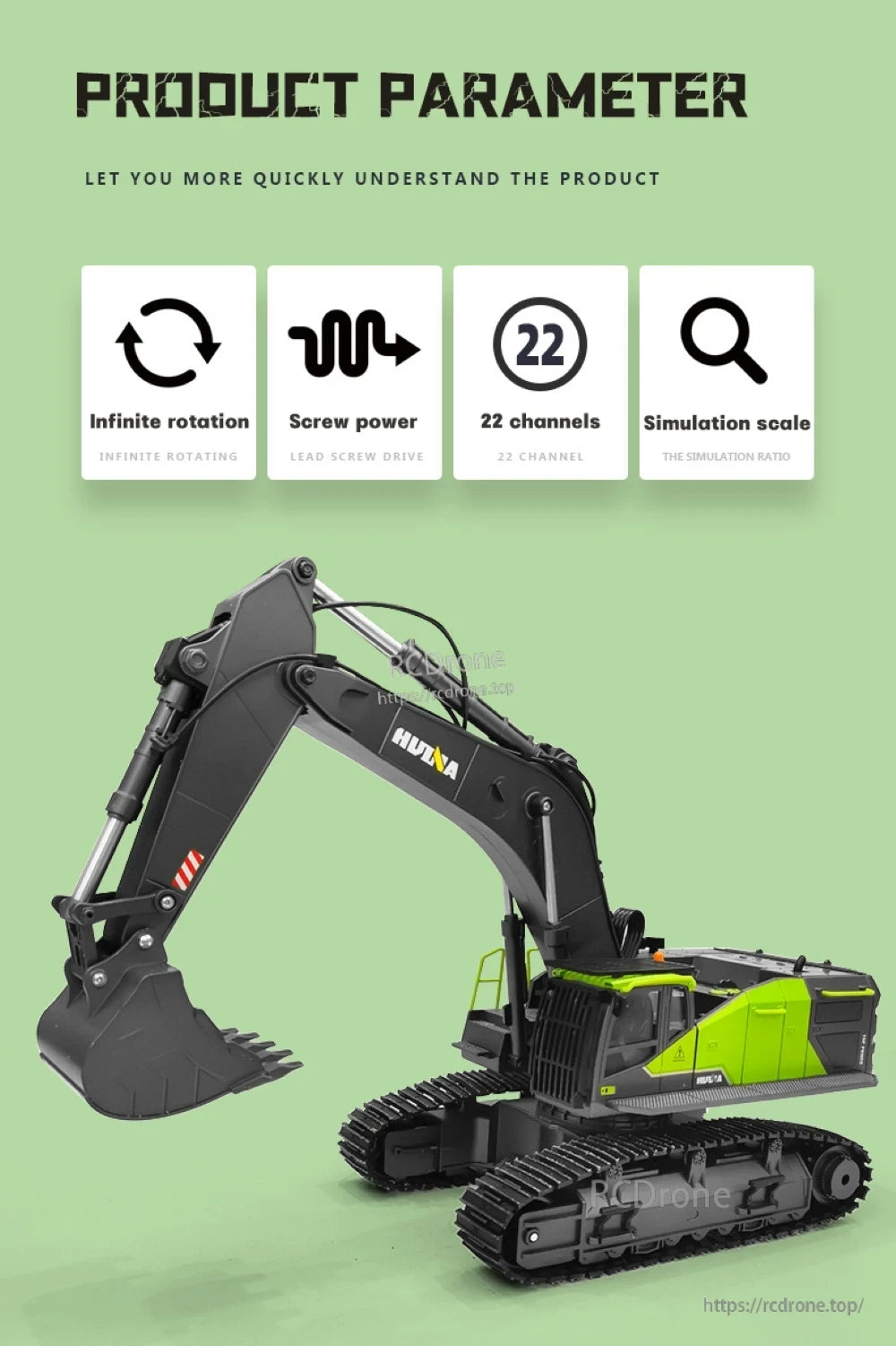 HUINA 593 RC Excavator features infinite rotation, screw power, 22 channels, and simulation scale for realistic operation.