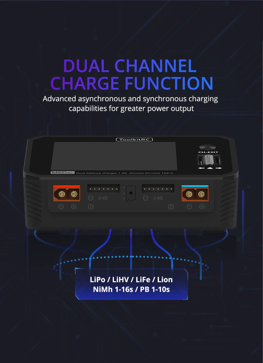 ToolkitRC M6DAC Charger - 350W x 2 USB-C 65W AC DC Dual Smart Charger Discharger Battery Balance for 1-6S Lipo LiHV Lion NiMh Pb Cell 10 ToolkitRC M6DAC Charger, DUAL CHANNEL CHARGE FUNCTION Teere MSDAS L E