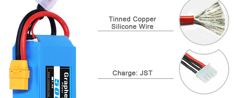 2PCS Yowoo Graphene Battery, Tinned Copper Silicone Wire Charge: JST