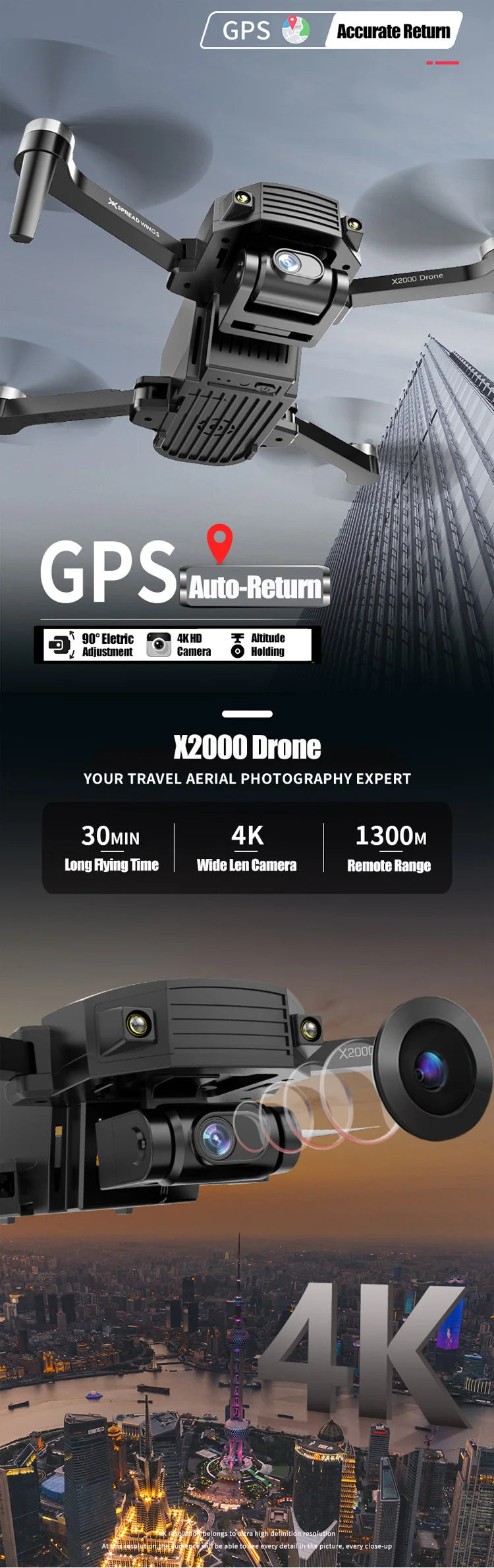 X2000 Drone, eletric 4khd atitude adjustnent camera