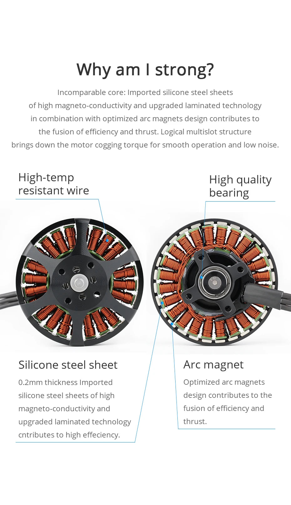T-motor, silicone steel sheets of high magneto-conductivity and upgraded laminated technology contributes to