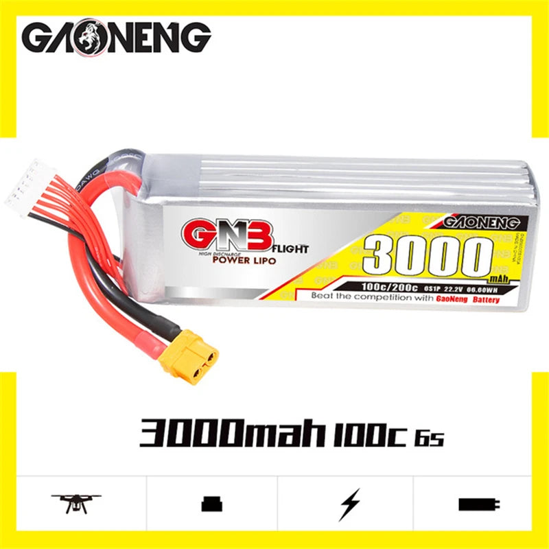 GaoNeng GNB HV 6S 22.2V 3000mAh 100C Lipo Battery, GaoNeng battery for FPV drones, 22.2V, 3000mAh capacity, compatible with XT60/XT90/T connectors.