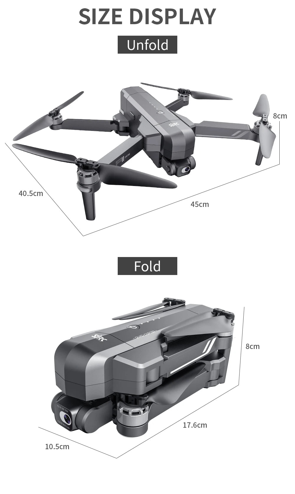 F11S PRO Drone, SIZE DISPLAY Unfold 8cm 40.Scm 45cm
