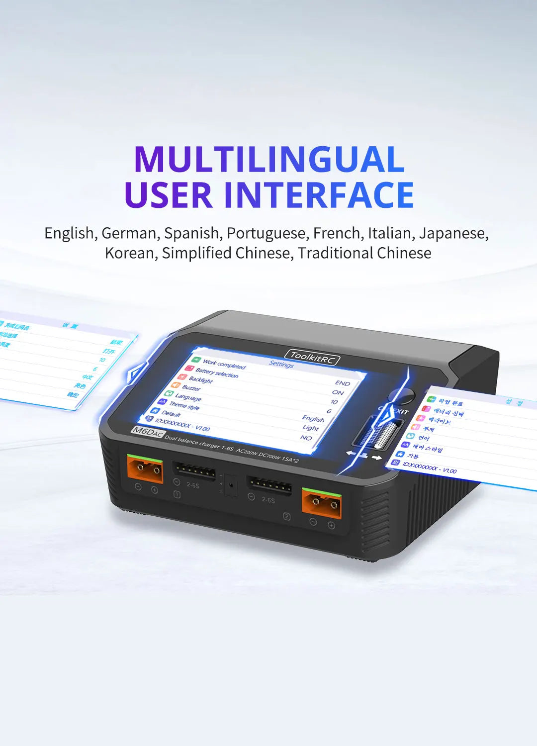 ToolkitRC M6DAC Charger - 350W x 2 USB-C 65W AC DC Dual Smart Charger Discharger Battery Balance for 1-6S Lipo LiHV Lion NiMh Pb Cell 16 ToolkitRC M6DAC Charger, MULTILINGUAL USER INTERFACE English, German, Spanish, Portuguese