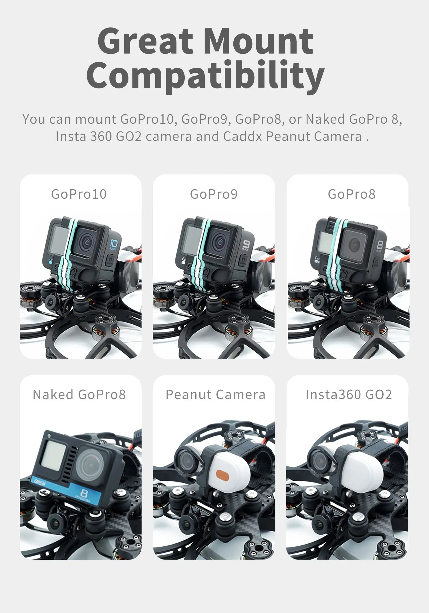 GEPRC CineLog35 FPV Drone, Great Mount Compatibility You can mount GoProlO, GoPro9, or Go