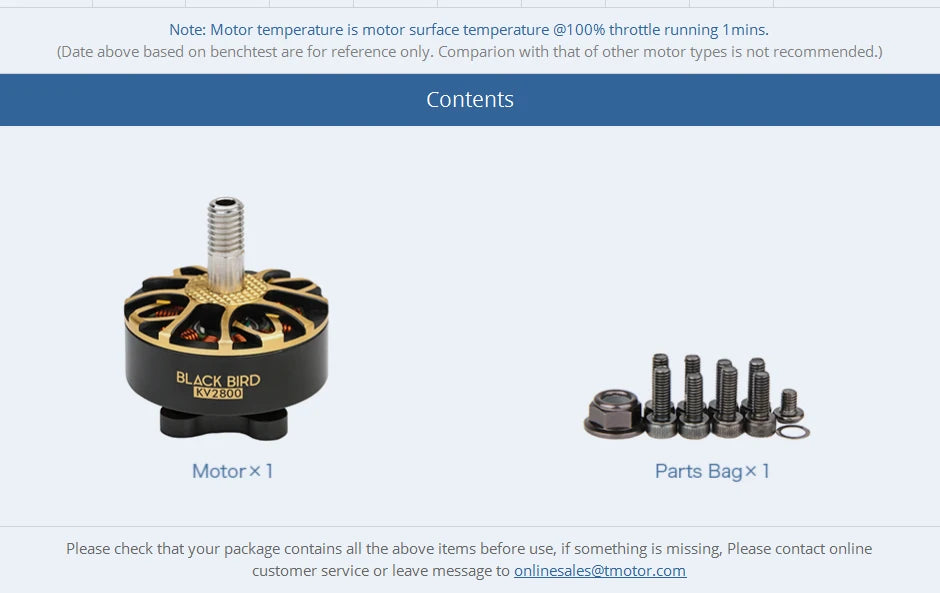 T-motor BLACK BIRD V2.0 Brushless Motor KV1950 KV2800 FPV Champion Co-brand for FPV Freestyle version Competition Racing Drone 11 T-motor, BLACK BIRD KV200 Motorx 1 Parts Bagx 1 Please check that your