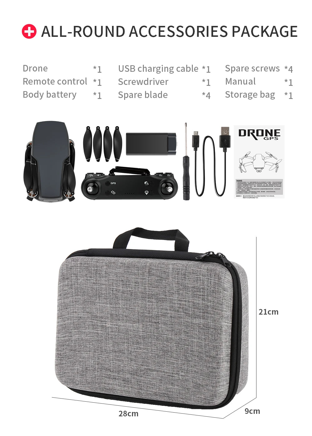 ZLRC SG108 Drone, ALL-ROUND ACCESSORIES PACKAGE Drone 1 USB charging cable 1