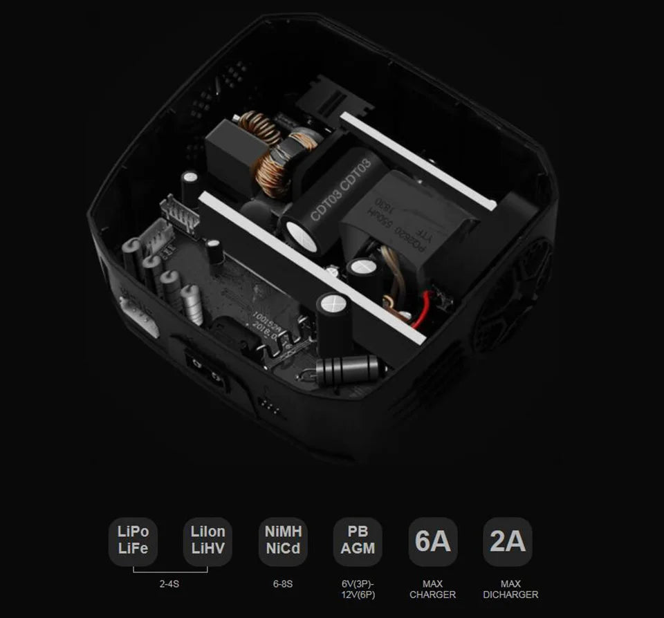 SKYRC S65 AC Balance Charger, sleeve bearing cooling fan blows air through extruded aluminum heat sink
