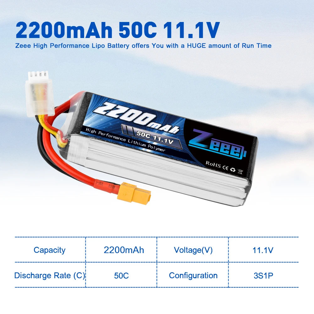 2units Zeee 2200mAh 3S Drone Battery. Zeee High Performance Lipo Battery offers HUGE amount of Run Time Capacity 2