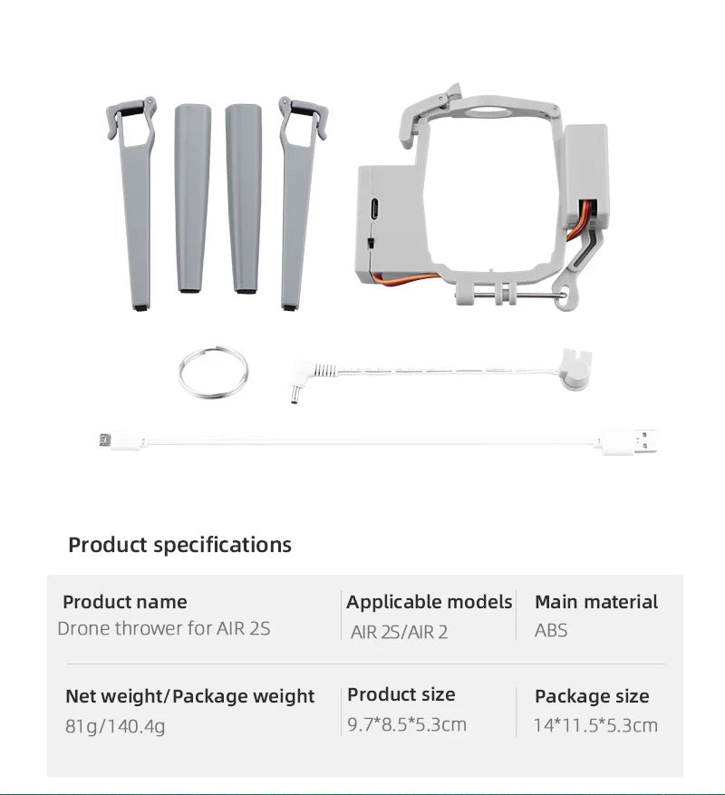 Airdrop System for Drone DJI Mavic Air 2/AIR 2S Fishing Bait Ring Gift Deliver Life Rescue Remote Throw Thrower Air Drop 25 TII Product specifications Applicable models Main material Drone thrower for AIR 25