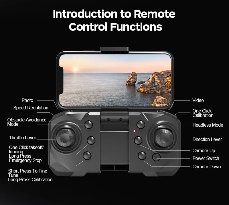 A13 Drone, ong power switch emergency stop camera down short press to fine tune long