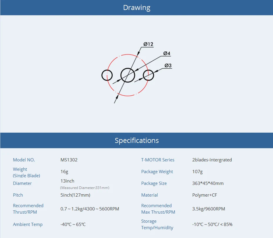 MS1302 T-MOTOR Series 2blades grated Weight 16g Package Weight